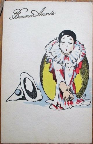 Pierrot Clown In Egg 1920s Art Deco Year Postcard,  Billy/artist - Signed 1