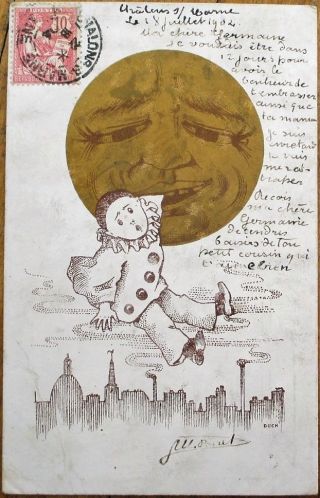 Pierrot Clown & Man - In - The - Moon 1904 Postcard - Artist - Signed