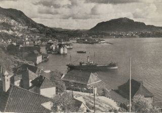 $$0.  01 B&w: Bergen Norway Sight Of A Sail Boat,  Hills,  The Sea,  And Mountains