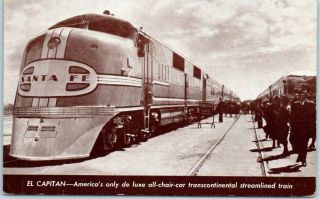 Vintage Santa Fe Railroad Postcard El Capitan Streamlined Train At Depot C1930s