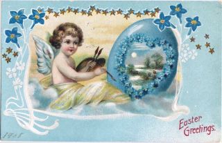 Antique Postcard Easter Angel Cherub Paints Blue Egg Gold Stars Emboss Germany