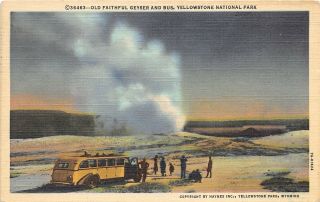 Yellowstone National Park 1951 Postcard Old Faithful Geyser & Tour Bus