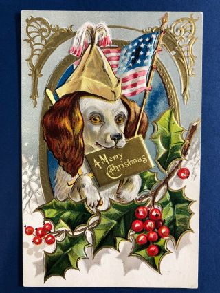 Patriotic Christmas Dog.  Gold Trim,  Antique Postcard.  Collector Item.