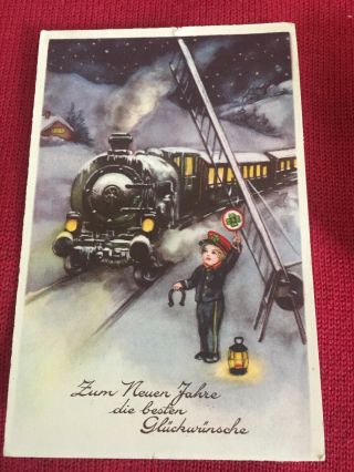 Vintage Christmas? Year’s Postcard Train Locomotive Horseshoe Boy German