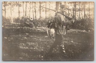 Rppc Happy Hunter Carries Rifle Over Shoulder W/a Couple Of Geese In Tow 1908 Pc