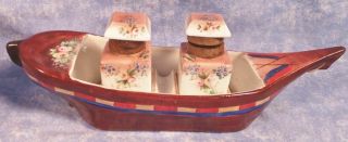 Antique Porcelain Sailing Ship Double Inkwell Hand Painted & Gilt 9 " Size