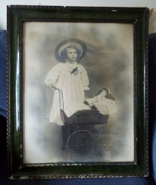 Large Vintage/antique Framed B/w Photograph,  Young Girl With Doll 