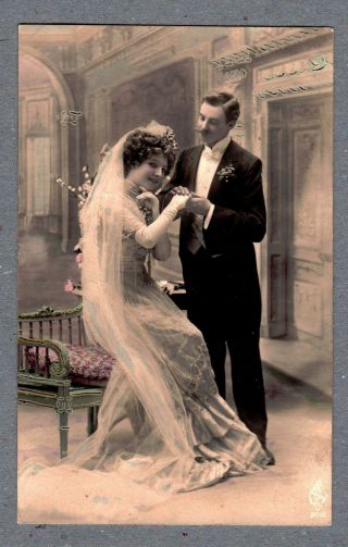 French Wedding Fashion Couple 1912 Tinted Black And White Vtg Photo Postcard