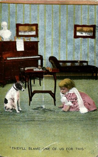 Fox Rat Russell Terrier Dog & Baby Girl Watch Floor Puddle Vintage 1911 Postcard