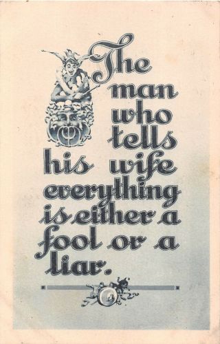 1910 Comic Motto Pc With Jesters - The Man Who Tells His Wife Everything Is Either