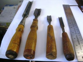 Antique Set (4) Wood Carving Gouges: W.  Butcher (2),  W.  Earshaw (1),  W.  Butcher (2)