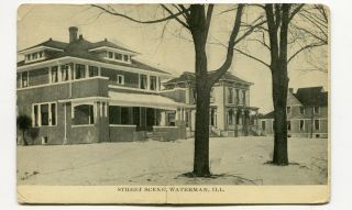 Vintage Postcard Waterman Il Street Scene Large Homes 1911