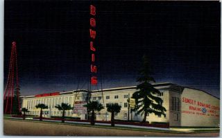 Hollywood,  California Postcard Sunset Bowling Center Street View Linen 1945
