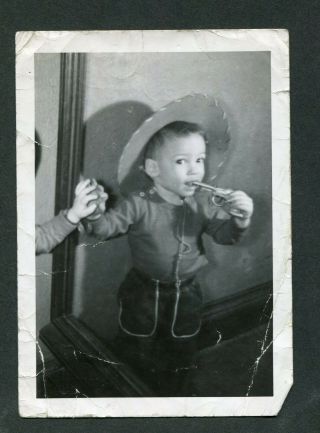 Unusual Vintage Photo Little Cowboy W/ Toy Gun In Mouth Mirror Reflection 986021