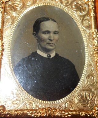 Antique Tintype Photo Of Older Lady In A Brass Frame