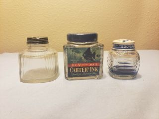 Set Of 3 Antique Carters/parker Pen Ink 2oz Bottle Blue Fish Label Ink Wells