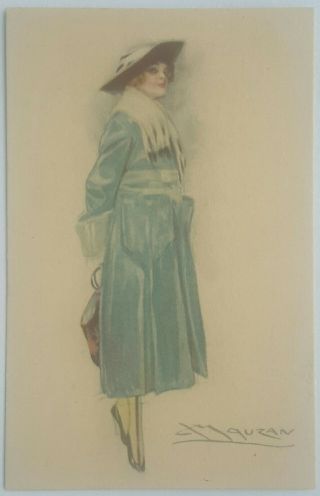 Italian Art Deco Fashion,  Woman In Blue Coat,  Ermine Fur Stole,  Mauzan,  1917