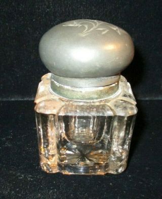 Antique Wavy Glass Inkwell Hinged Engraved Top
