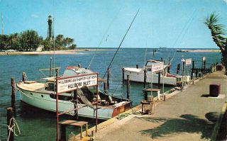 Vintage Postcard Charter Fleet Dock And Hillsboro Light Pompano Beach Florida
