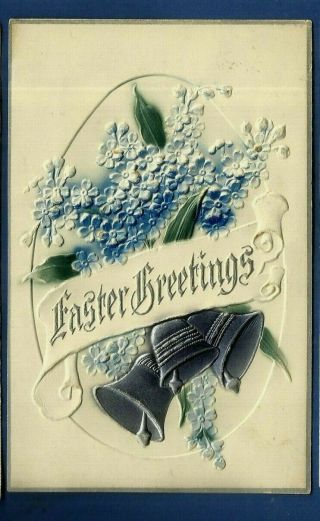 Easter Heavily Embossed Airbrushed Postcard/ Blue Flowers/ 3 Silverish Blue Bell