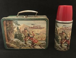 Vintage 1955 Davy Crockett Metal Lunch Box (green Rim) And Thermos (holtemp)