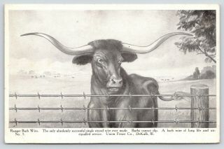 Dekalb Illinois Union Fence Co Long Horn Steer Behind Ranger Barb Wire Bull 1910
