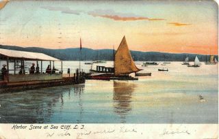 1906 Sailboat At Dock Harbor Sea Cliff Li Ny Post Card