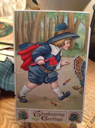 Vintage Thanksgiving Postcard Boy In Black & Red Cape With Axe Chasing Turkey