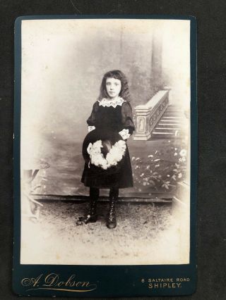 Victorian Photo: Cabinet Card: Young Girl Black Dress: Studio Backdrop: Shipley