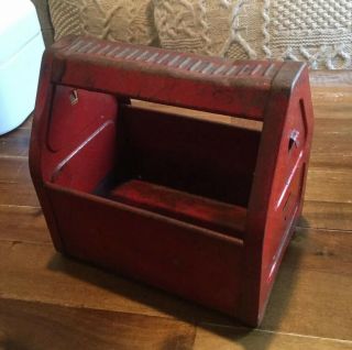 Vintage Rusty Metal Industrial Tool Box Caddy Tote Small Red Handled