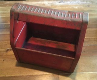 Vintage Rusty Metal Industrial Tool Box Caddy Tote Small Red Handled 2