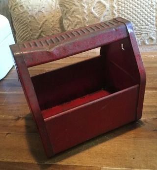 Vintage Rusty Metal Industrial Tool Box Caddy Tote Small Red Handled 3
