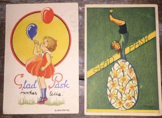 Vintage Swedish Mini Easter Postcards Girl Balloon Boy Egg Daffodils Glad Pask