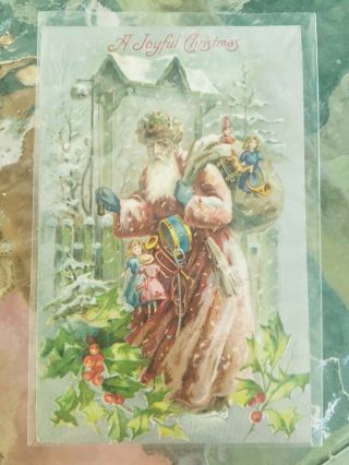 Vintage " A Joyful Christmas " Textured Postcard St Nick With Gifts Embossed Holly