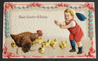 Mama Hen Chases Little Boy In Red Baby Chicks Easter Wishes Embossed 1911 Pc