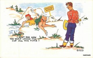 1930s Sexy Pin Up Camping Humor Artist Impression Postcard 4017