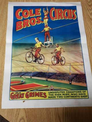 Vintage 1930s Cole Bros Circus Poster - Great Grimes Erie,  Pa Litho