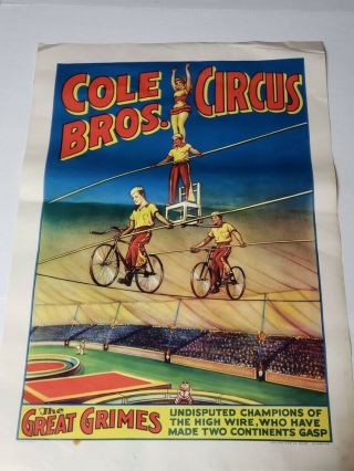 Vintage 1930s Cole Bros Circus Poster - Great Grimes - Erie Pa Litho