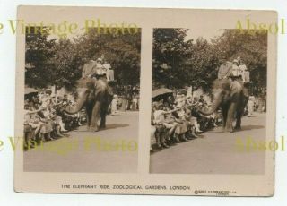 Stereoview Photo Card Elephant Ride London Zoo Sunbeam Tours Ltd Vintage 1920s