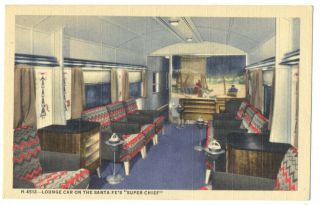 Sante Fe Railroad Chief Lounge Car - Fred Harvey Issue 1946 Linen Postcard