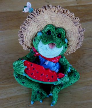 Country Frog Resin Figurine Eating Watermelon With Bee On Spring On Straw Hat