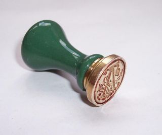 Vintage Green Ceramic & Brass Wax Seal Stamp - Ornate Letter A