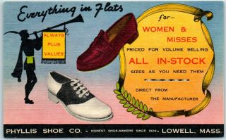 Vintage Lowell Ma Advertising Postcard Phyllis Shoe Co.  Teknitone Linen C1940s