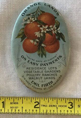 Antique Celluloid Advertising Pin Back Button Orange Lands Realty Los Angeles Ca