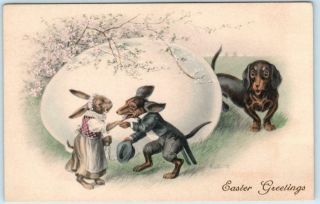 Easter Greetings Dressed Rabbit & Dachsund Dogs,  Egg & Munk M.  M.  Vienne Postcard