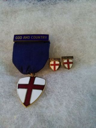 Vintage Boy Scout God And Country Medal And Two Lapel Pins