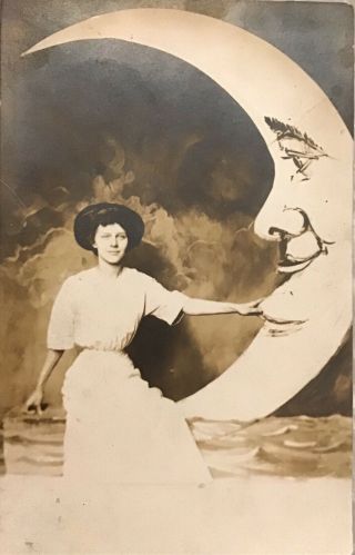 Smiling Girl On Studio Paper Moon Circa 1915 Rppc Photo Postcard