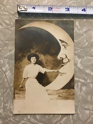 Smiling Girl On Studio PAPER MOON circa 1915 RPPC Photo Postcard 2