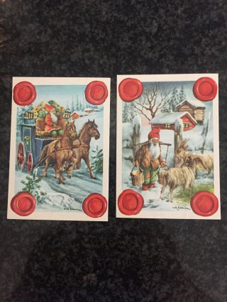 2 Vintage Swedish Mini Postcards Gnome Horses Goats Elf God Jul Horn Christmas