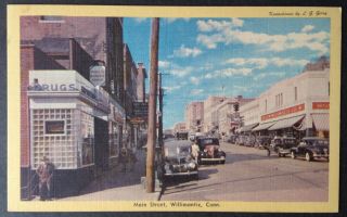 Willimantic,  Conn.  C.  1935 Pc.  Main Street,  Woolworth,  Barber Shop,  Drug Store